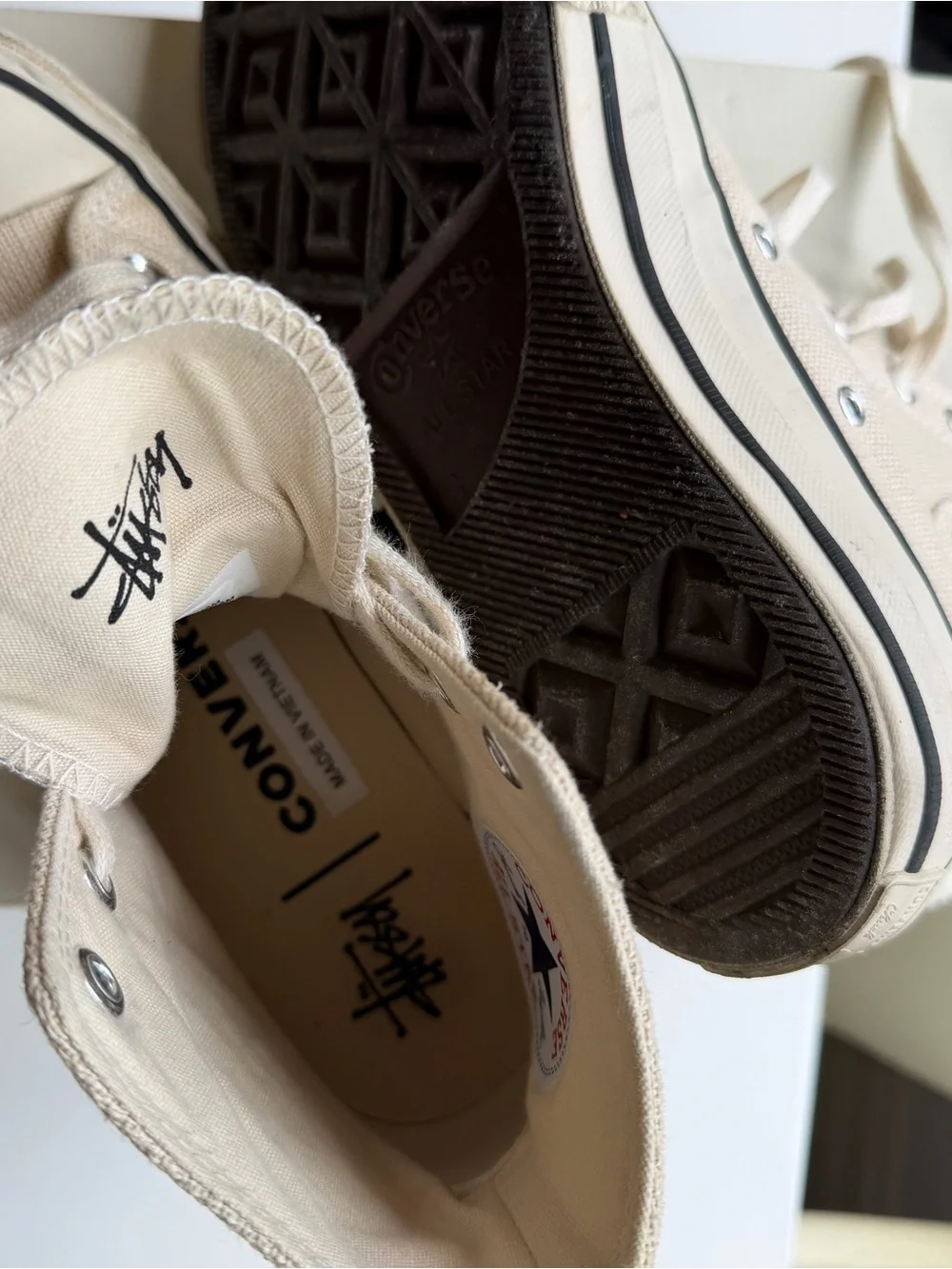Converse High Top Sneakers in Cream with Black Trim and Rhinestone Star